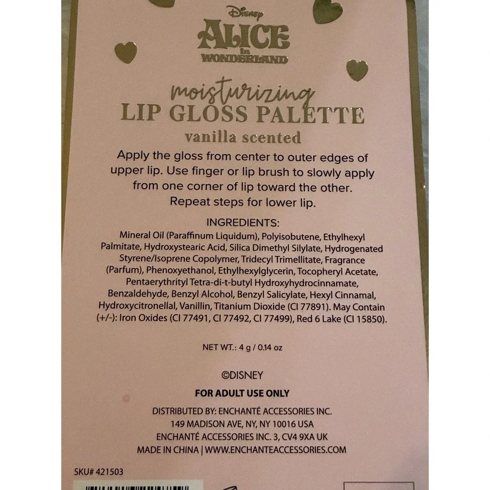 Disney Alice in Wonderland Queen of Hearts Lip Gloss Palette 4 Shades Vanilla